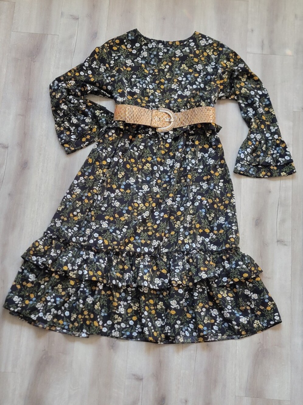 Boho Floral Ruffle Tiered Long Sleeve Dress - Black with Mustard & White Flowers